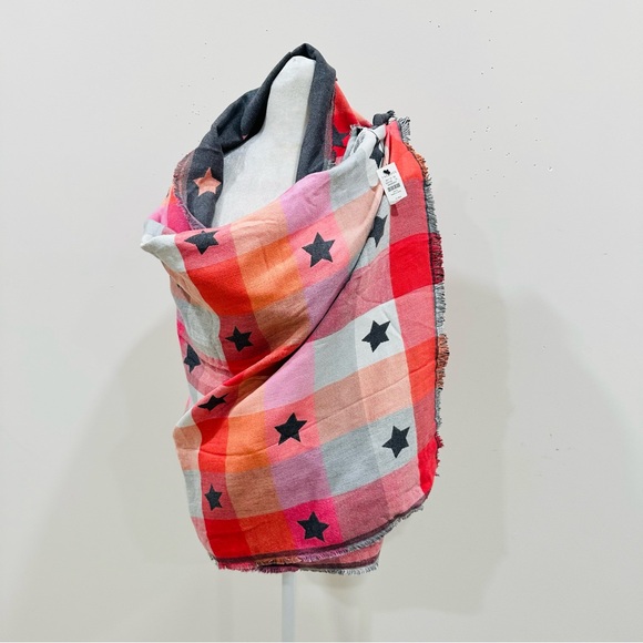 NWT Talbots scarf plaid meets stars colorful with fringe soft 27x70 - Picture 2 of 9